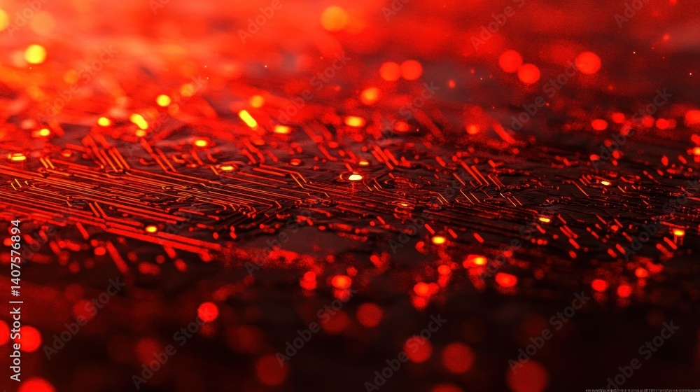 Poster an abstract close up of an illuminated red circuit board