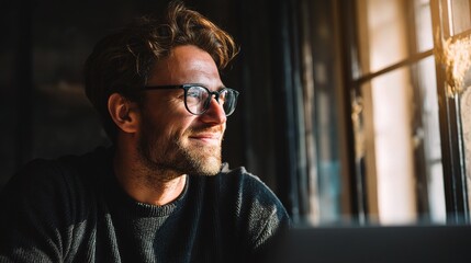 Happy Young Businessman in Glasses Looking Away with Smile