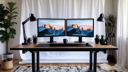 Modern workspace setup with two monitors showing mountain image on wooden desk. Black desk lamps and green plants decorate desk near white curtains and patterned rug.