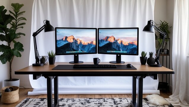 Modern workspace setup with two monitors showing mountain image on wooden desk. Black desk lamps and green plants decorate desk near white curtains and patterned rug.