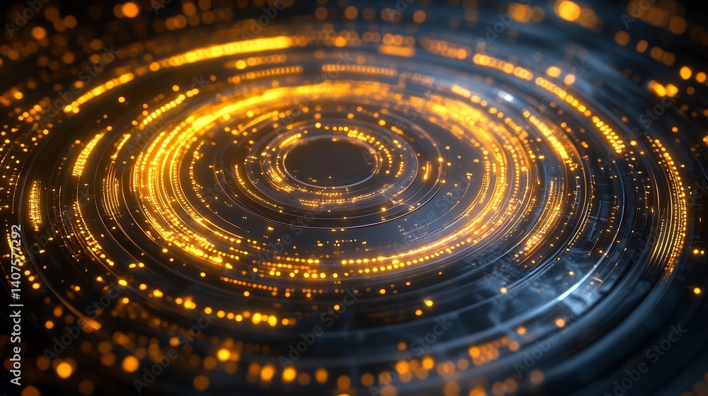 Poster Abstract digital design showcasing shimmering golden lights creating dynamic swirling patterns on a dark background : Generative AI