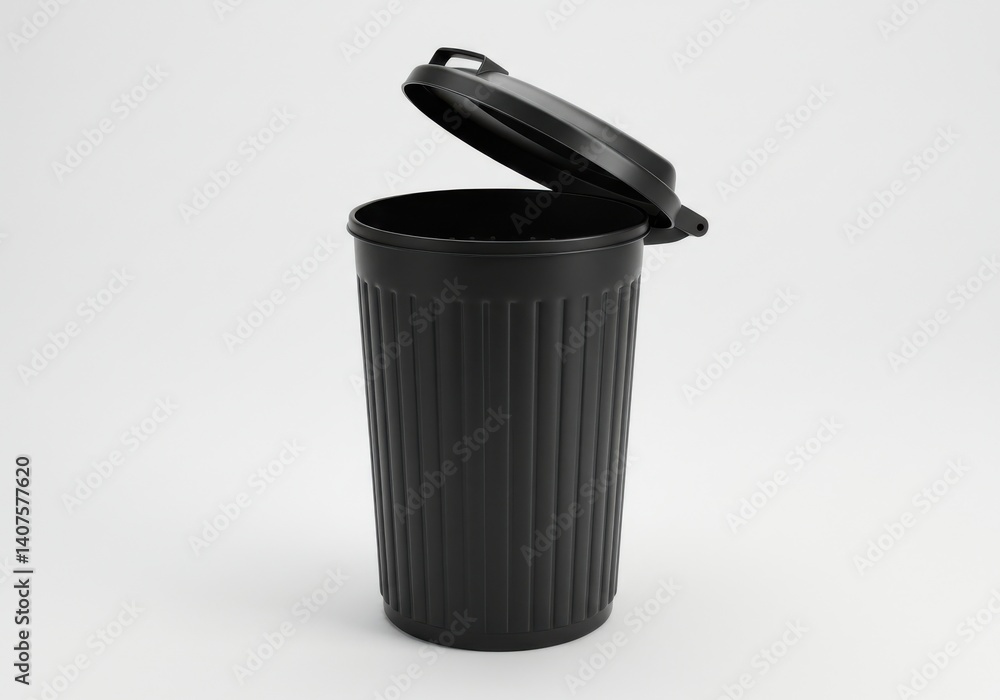Poster a black plastic trash can with an open lid on a white background in a studio setting indoors