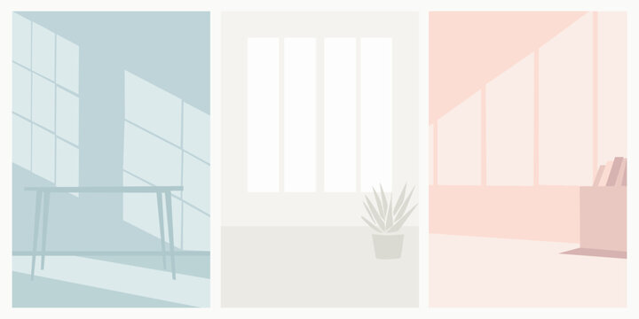 Minimalist office interior flat vector in light pastel colors. Open compositions and very few silhouette elements - window, desk, plant. Ideal for use as portrait backgrounds or subtle design layers.