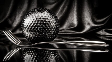 Black Golf Ball on Forks, Dark Background