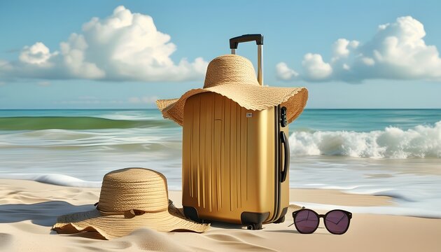 Summer vacation essentials beach scene with luggage hats and sunglasses by the ocean relaxing holiday environment