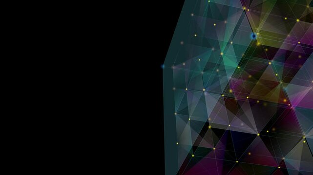 Abstract background 3D digital multicolor wireframe cube rotate. 3D algorithm blockchain grid dinamic blocks.  Multi core box. Artificial intelligence design. Big data.