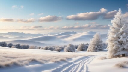  A serene winter wonderland featuring a blanket of snow over rolling hills, frosted trees, and a tranquil sky. Ideal for use in holiday marketing campaigns to evoke a cozy, festive atmosphere