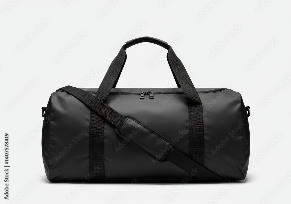 Poster a black duffel bag with shoulder strap and handles on a white background in a studio setting