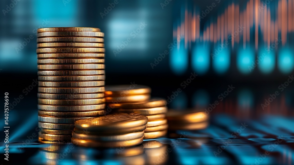 Poster stacks of gleaming coins placed on a digital financial chart showcasing economic growth and investme