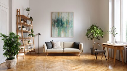 Modern living room with beige sofa, wooden floors, and plants.
