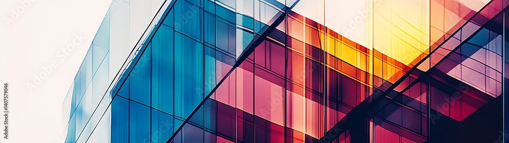 Poster Abstract close-up of colorful fragmented glass reflecting modern architecture in vibrant tones : Generative AI