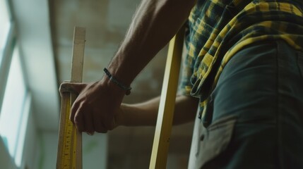 Construction worker measuring walls for drywall installation. Featuring accuracy and planning