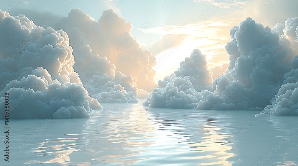 Aufkleber serene landscape of fluffy clouds reflecting sunlight on a calm ocean surface creating a peaceful am