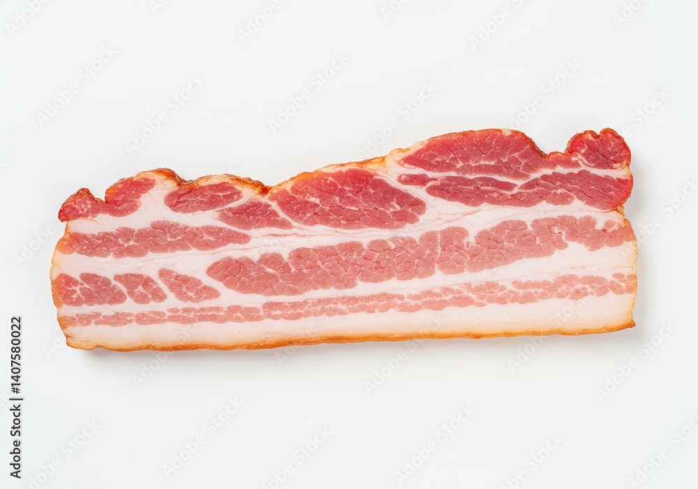 Poster a single slice of uncooked bacon with visible fat and meat strips on a white background surface top 