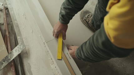 Construction worker measuring walls for drywall installation. Featuring accuracy and planning