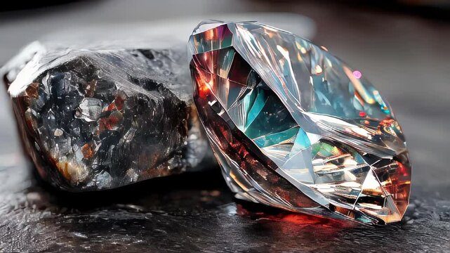 A cut diamond sits beside a raw gemstone, symbolizing transformation from uncut mineral to polished brilliance