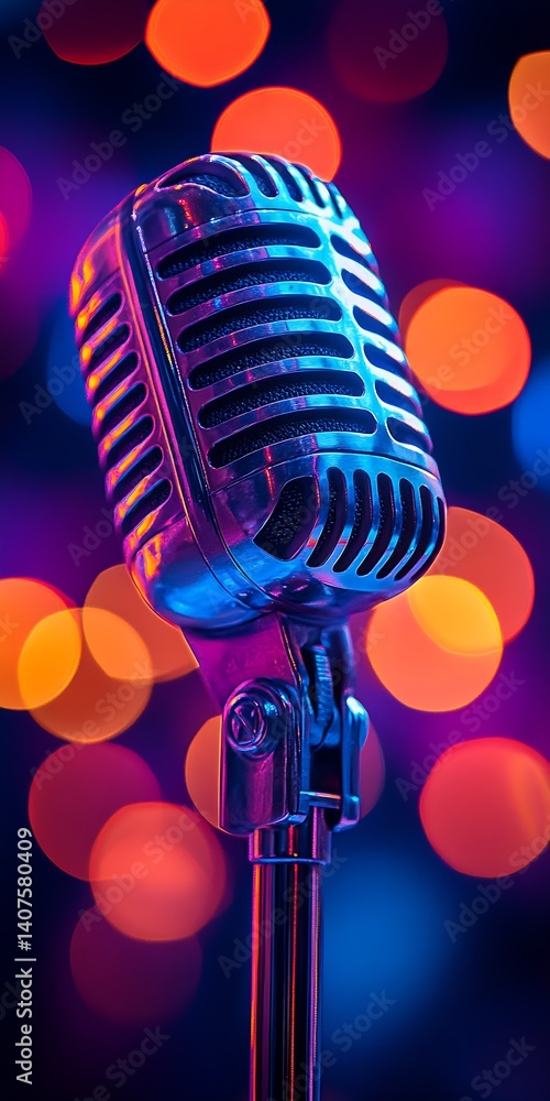 Poster Retro-style microphone on a stand with vibrant bokeh lights in the background creating a lively music atmosphere : Generative AI