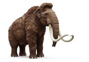 A woolly mammoth stands on a white background with its long tusks and brown fur visible clearly