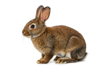 Obraz premium A brown rabbit sitting on a white background looking to the left side of the image frame