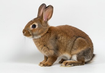 Obraz premium A brown rabbit sitting on a white background looking to the left with its ears up straight