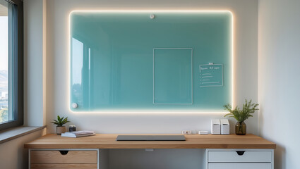 Office space with wooden desk and teal glass board with lights. Small plant and stationery containers sit on desktop with simple decoration.