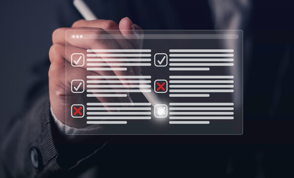 Virtual exam test or questionnaire show on screen and answer check mark to measure grades. Education futuristic technology. Students taking online exams by laptop and Lifelong learning concept.