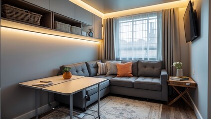 Fototapeta premium Living room interior view with gray couch near window. Table and baskets on shelves inside apartment. Flowers on wooden side table.
