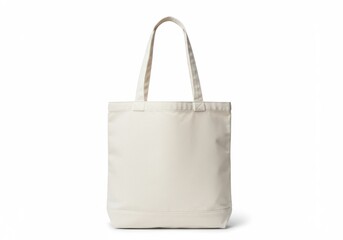 A simple cream colored tote bag with handles standing upright on a white background plain and isolated