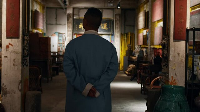 A man in a blue coat stands with hands behind his back in a vintage interior filled with antiques