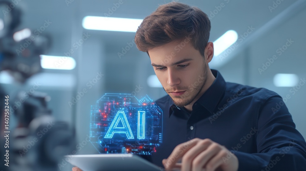 Poster embracing the future: a determined professional engages with advanced ai technology through a digita