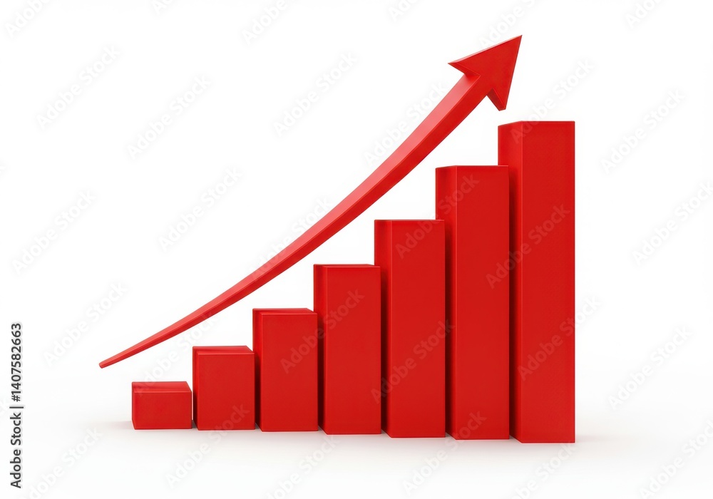 Poster a red bar graph showing an upward trend with a red arrow pointing upwards on a white background