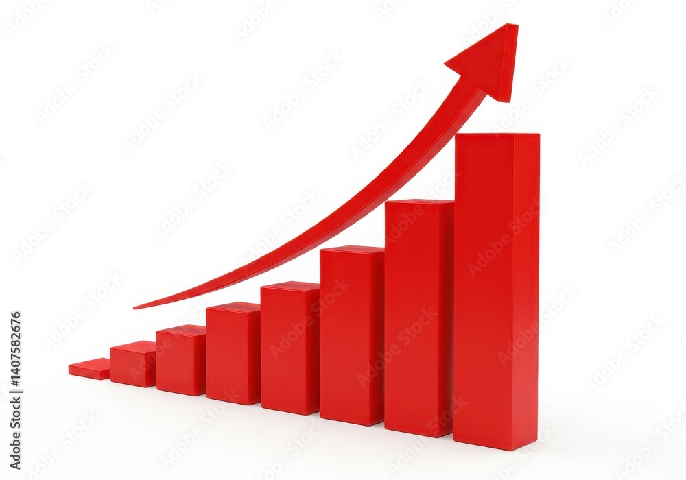Poster a red bar graph with an arrow showing growth on a white background indicating progress and success