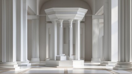 Fototapeta premium White Interior with Pillars. Grand white columns inside building. White architecture details shown with light shining in.