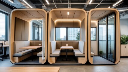 Office interior featuring wooden booths with tables and cushioned seating. Modern design includes windows and views of city buildings.