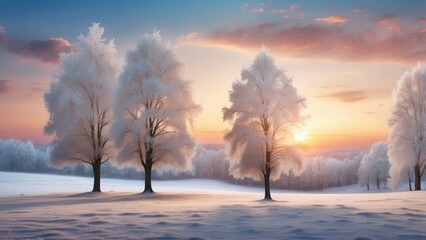A picturesque snowy landscape with sparkling frosted trees and a soft winter sunset. An ideal wallpaper for seasonal promotions, holiday ads, or creating a warm, festive vibe for winter
