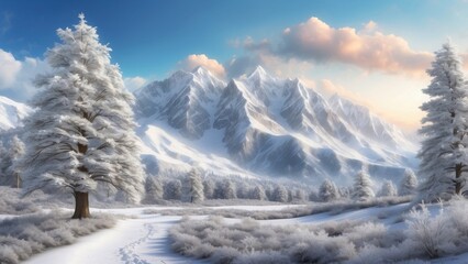  Majestic snow-covered mountains surrounded by frosted trees and a soft snowfall. Perfect for enhancing holiday marketing materials and winter-themed events with a scenic touch