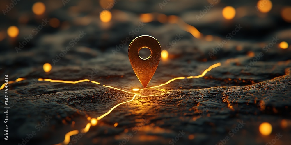 Leinwandbilder glowing golden location pin positioned on textured surface signifies importance of navigation and co