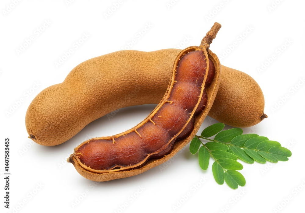 Poster close up of two tamarind pods with one opened and green leaves on a white background surface view