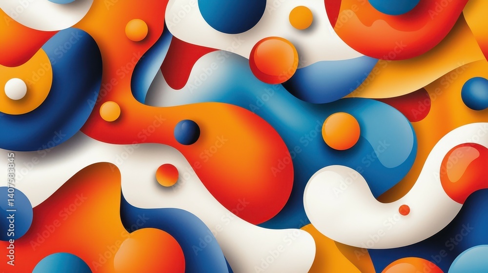 Poster vibrant abstract shapes in orange, blue, and white creating a dynamic visual experience.