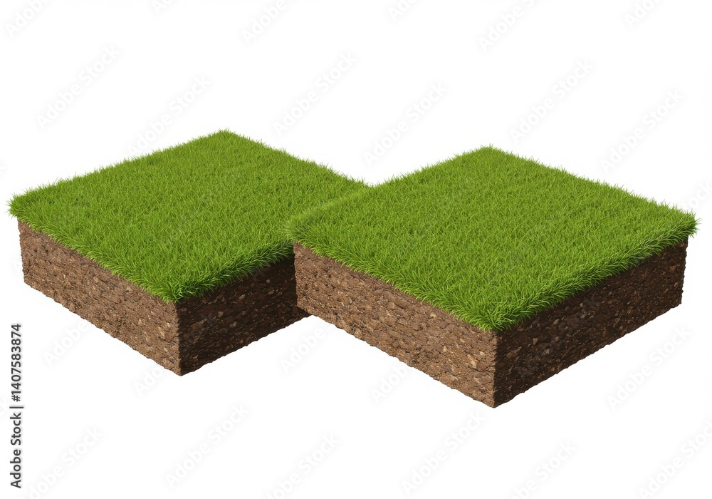 Poster two isometric grass blocks with visible soil layers on a white background in a studio shot