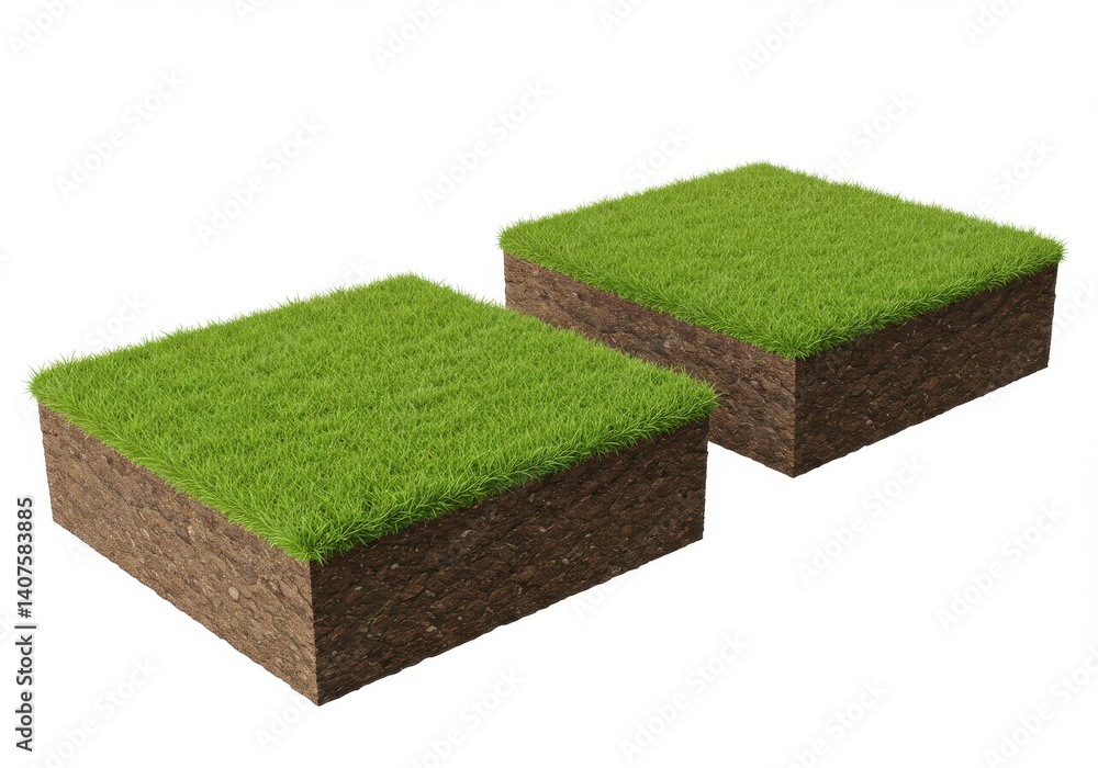 Poster two square blocks of grass and soil isolated on a white background in a studio shot showing detail