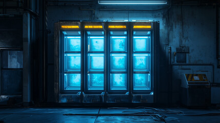 High-tech freezer units glowing with blue neon lights in a dark, industrial facility interior