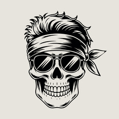 Skull with Bandana and Hair, Unique Skull Illustration