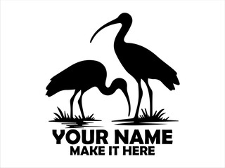 Two elegant ibis birds with long curved beaks stand gracefully in silhouette against a plain backdrop. ibis birds ornithology concept, ibis birds vector design and ibis birds logo art
