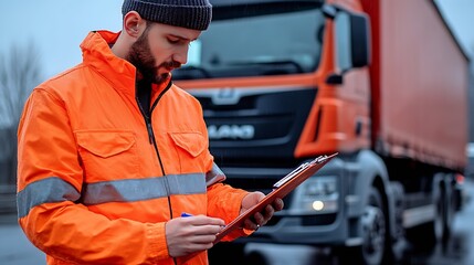 Professional worker in reflective orange jacket completing paperwork with truck in background on rainy day : Generative AI