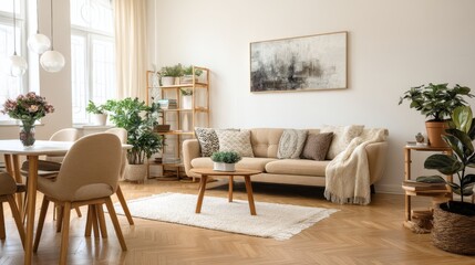 Fototapeta premium Beige couch in a bright living room
