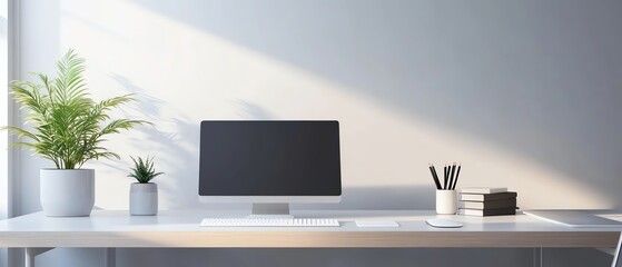 Daytime office scene with branding layout mockup, A4 paper horizontal and envelope