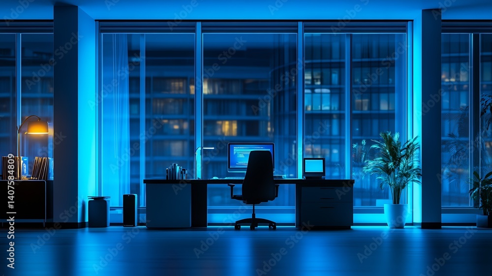 Poster stylish modern office illuminated in blue light showcasing a computer setup with a stunning urban ni