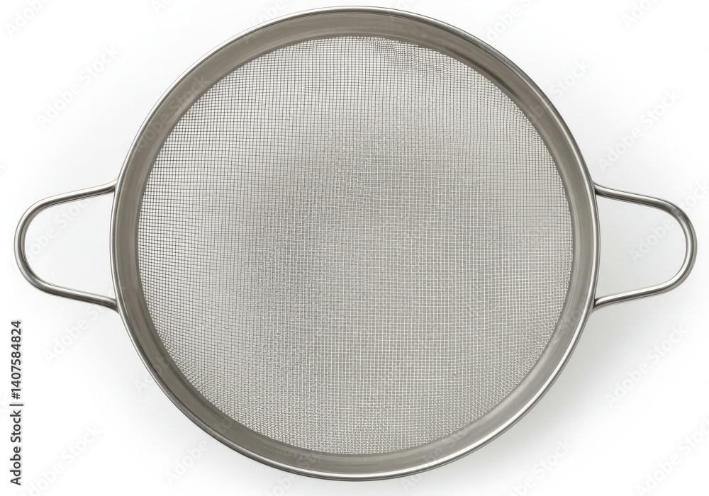 Poster a top view of a circular metal sieve with handles on a white background in a studio setting