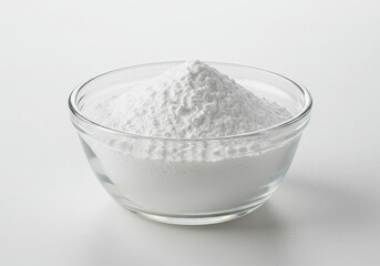 A clear glass bowl filled with a mound of white powder sitting on a white surface in soft lighting